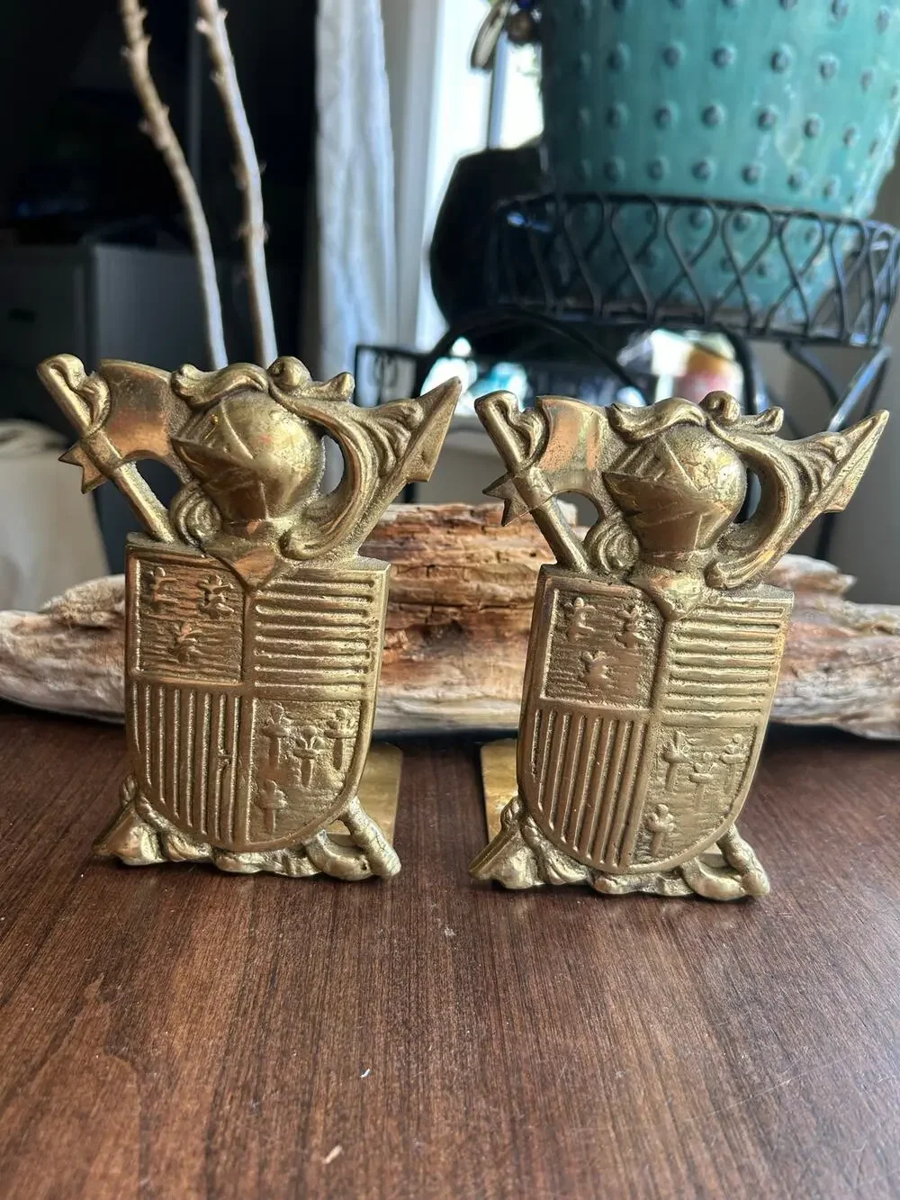 Vintage Medieval Knight Coat of Arms brass bookends Shield Sexton